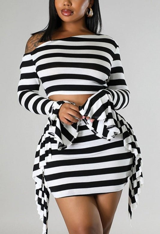 "Stripes" One Shoulder Top & Fringe Skirt Set