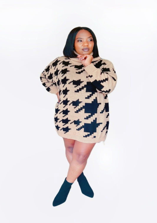 "Camel Black Houndstooth" Sweater Dress