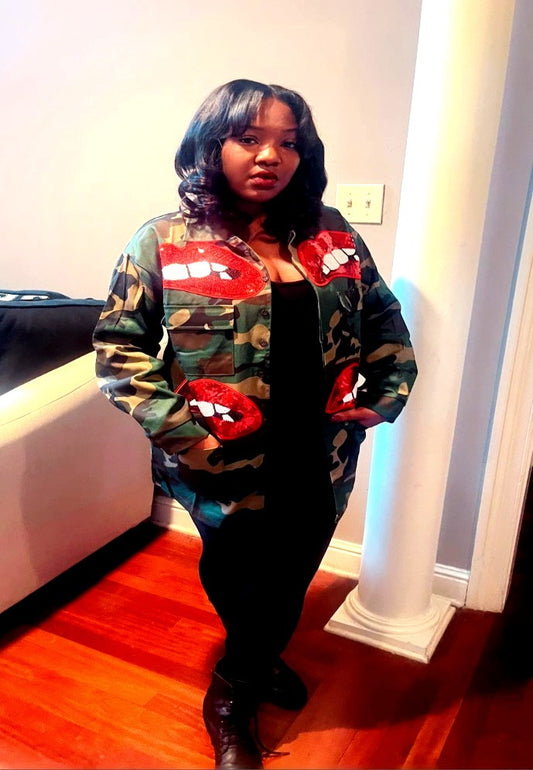 "Camo Sequin Red Lip" Camouflage Jacket